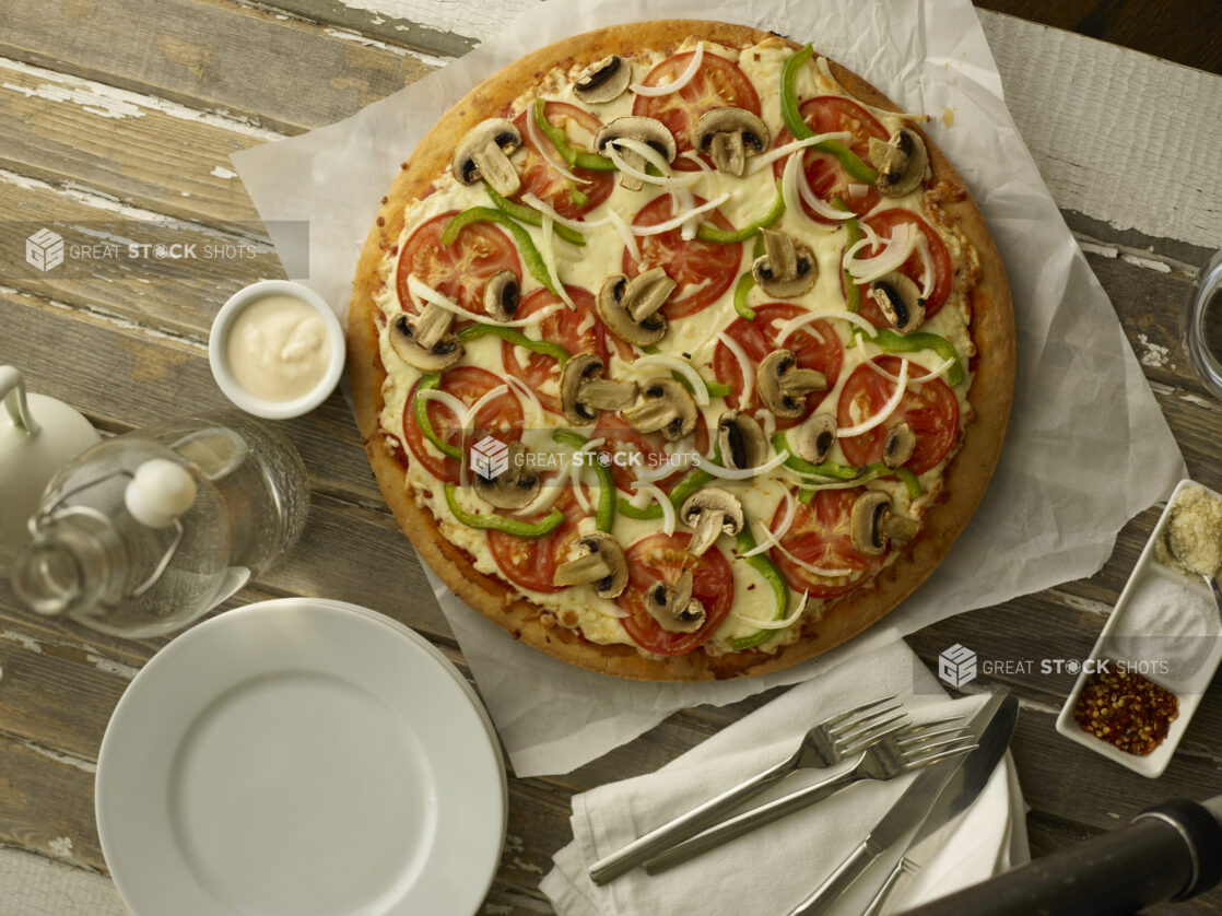 Whole classic deluxe vegetarian pizza, unsliced, on white parchment with condiments and utensils on a wood tabletop, overhead