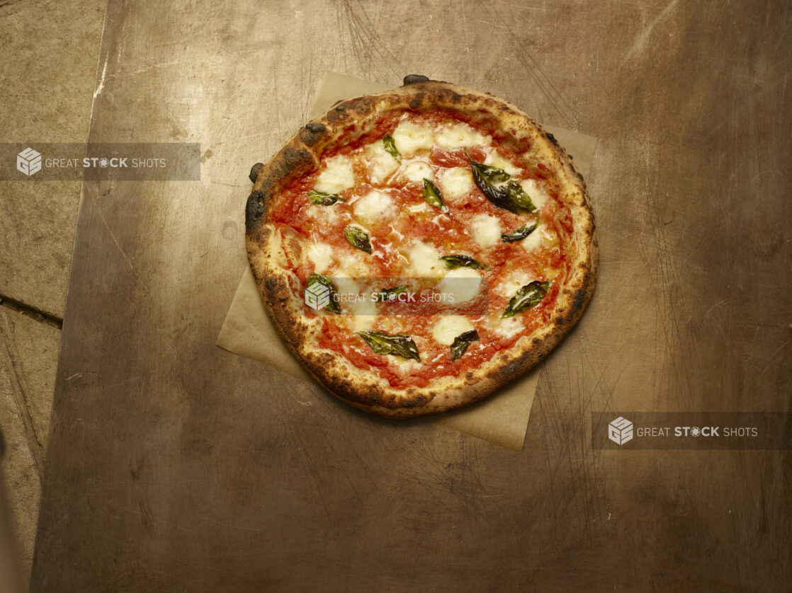 Whole Neapolitan-style Margherita pizza on parchment, wood background, overhead