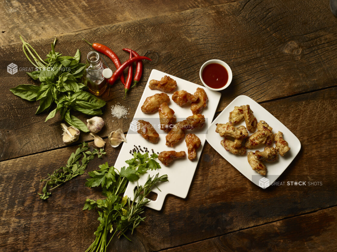 Board of sauced chicken wings with plate of plain wings overhead surrounded by fresh ingredients on a dark wooden background