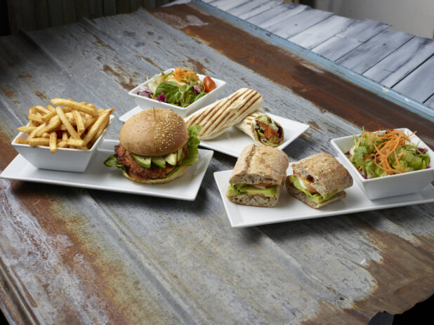 Various vegetarian sandwiches on white plates with a side on a rustic metal background