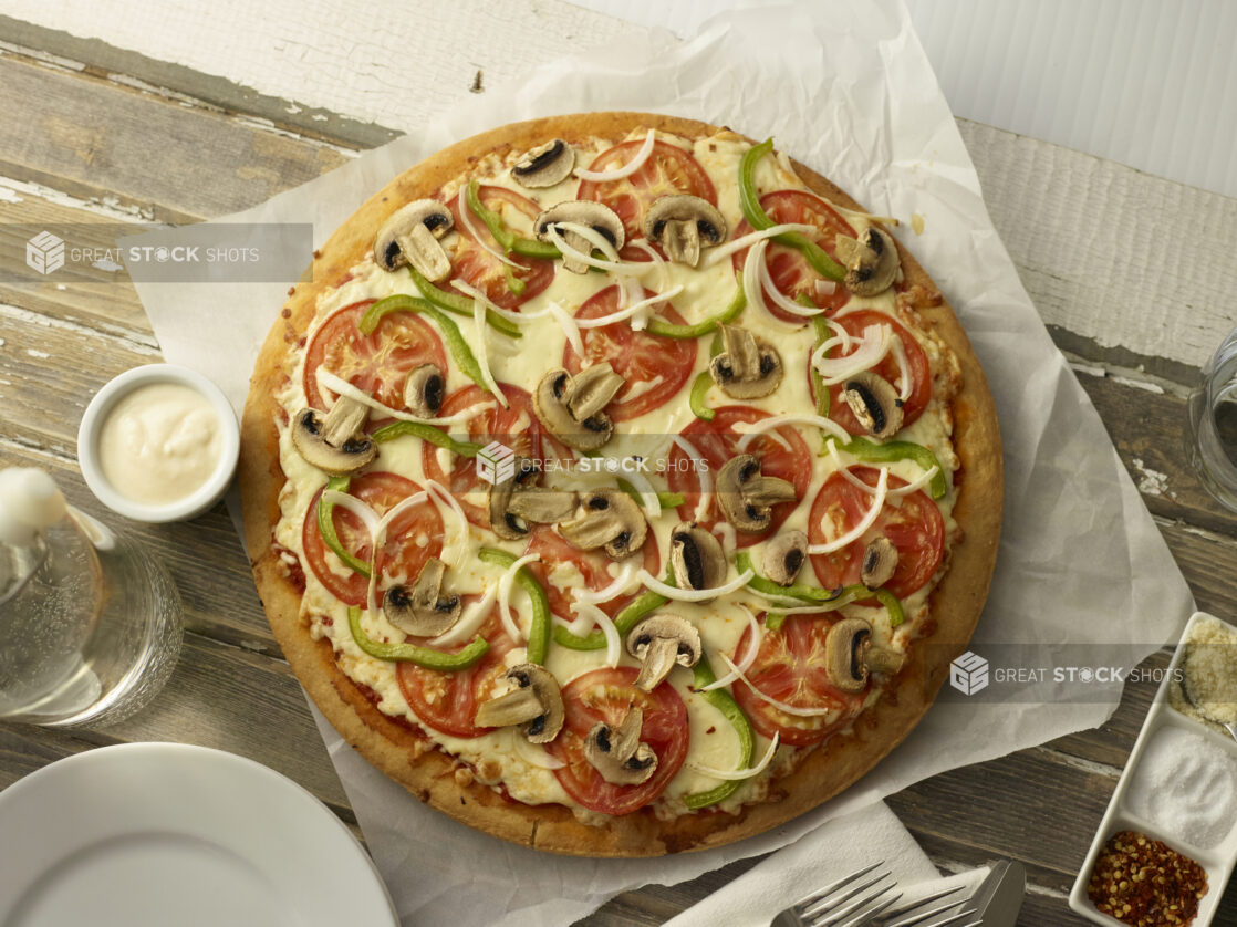 Overhead whole vegetarian pizza on parchment paper with a side of creamy garlic dipping sauce on top of a wooden background