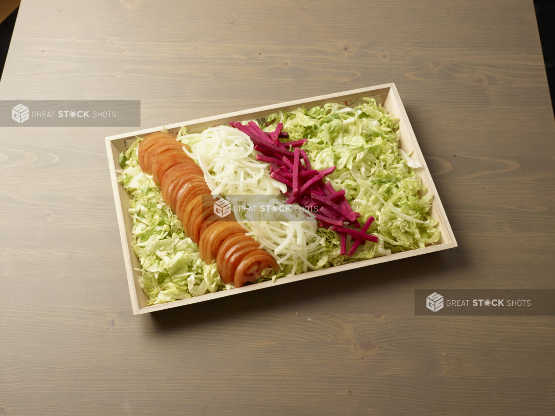 Wooden tray with toppings for catering on a wooden background - DUPLICATE PHOTO