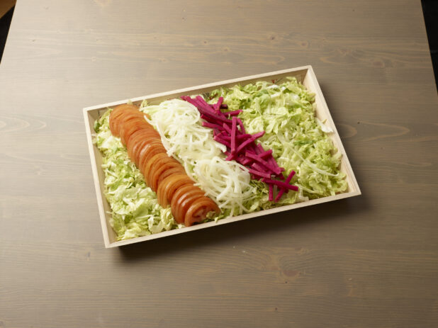 Wooden tray with toppings for catering on a wooden background - DUPLICATE PHOTO