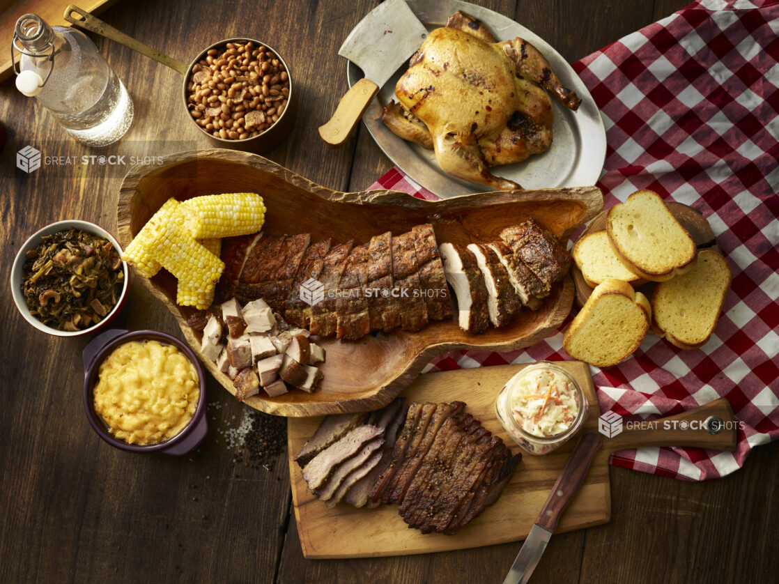 Overhead collection of Southern foods on a wooden background