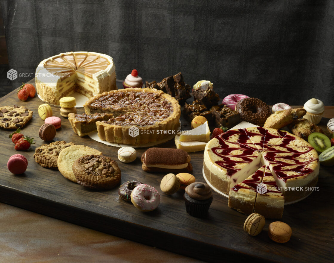 Various desserts / cakes on a wooden board on a dark wooden background