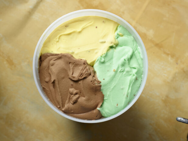 Three flavors of ice cream in a bucket overhead