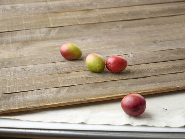 Fresh mangoes on aged wooden planks