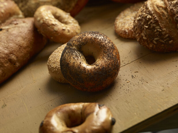 Assorted rustic bagels and breads in a close up view on a wooden table