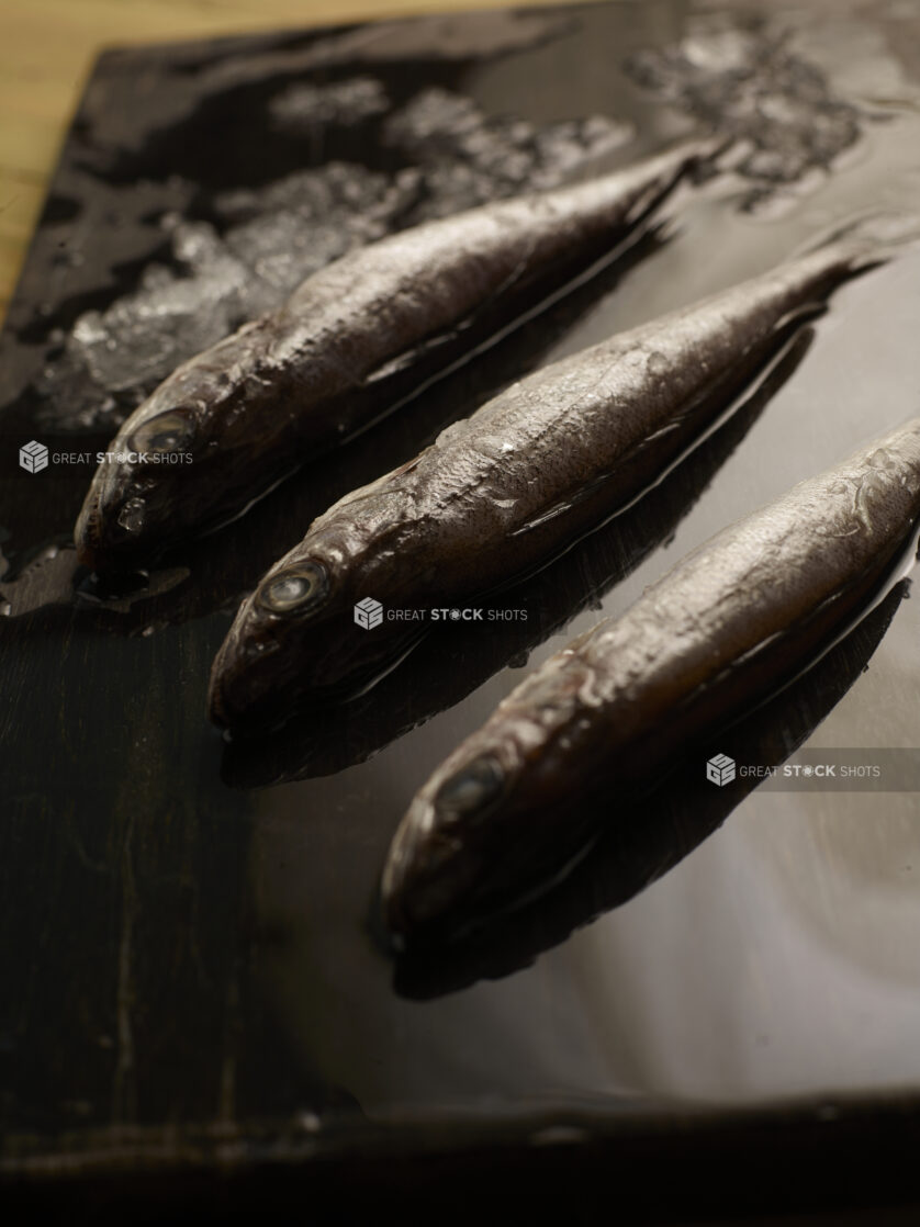 3 small uncooked whole fish on a dark wood background with ice/melting ice surrounding