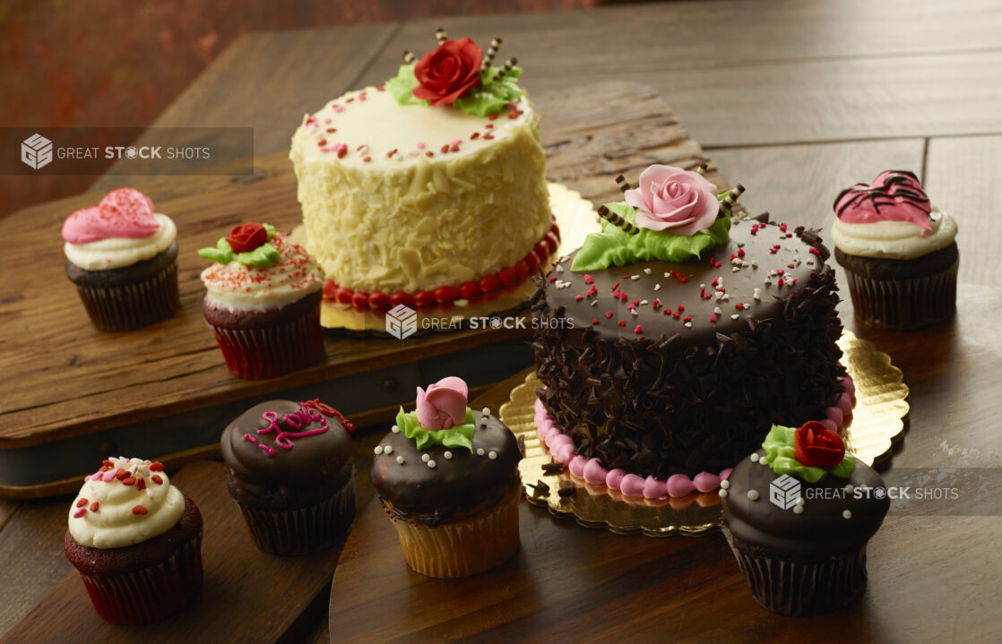 Two Valentine's day decorated cakes with individually decorated cupcakes of chocolate, vanilla and red velvet with frosting on a wood table