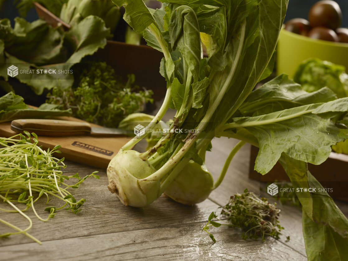 Kohlarbi turnip surrounded by leafy vegetables and microgreens on a wooden table