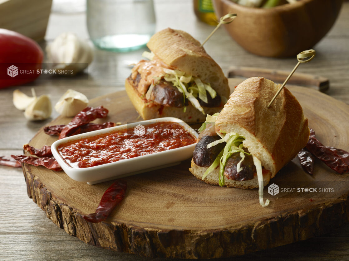 Spicy split chorizo sausage sandwich with a side of marinara sauce on a live edge wooden circle with dried chilis and whole garlic