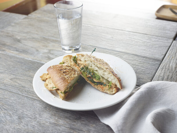 Grilled chicken panini sandwich with spinach, pesto, cheese and sauce on white plate topped with parmesan cheese and a toothpick on a wood table