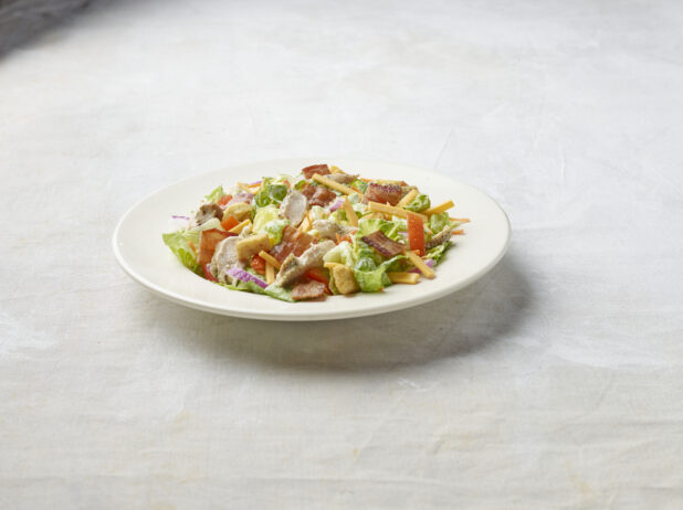 Bowl of chicken bacon garden salad on a light background