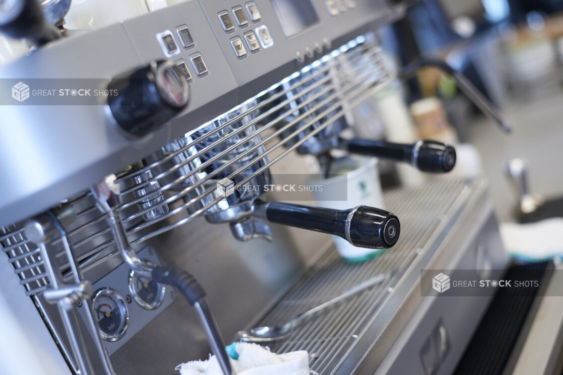 Close Up of a Commercial Espresso Coffee Machine in an Indoor Café Setting