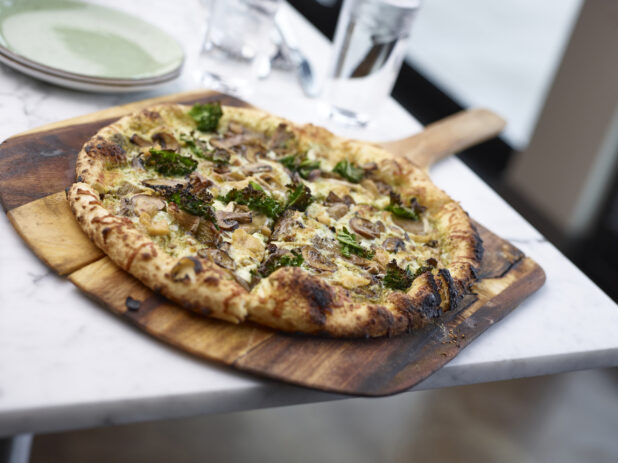 Wood fired pizza with mushrooms, garlic and charred kale on a wooden peel on a marble table