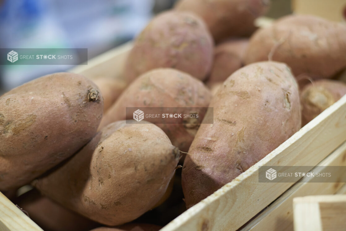 Yams in a crate, close-up