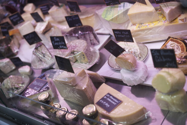 Display case with various artisanal cheeses