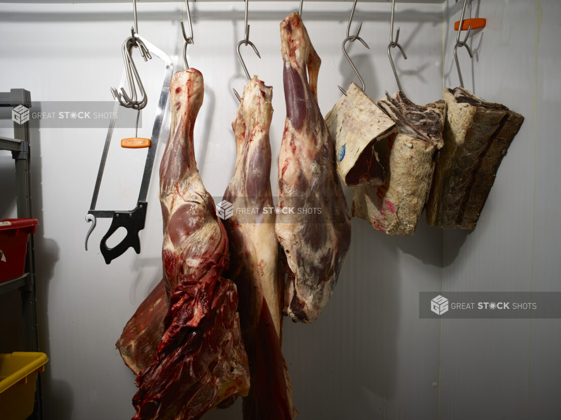 Assorted beef parts hanging on hooks