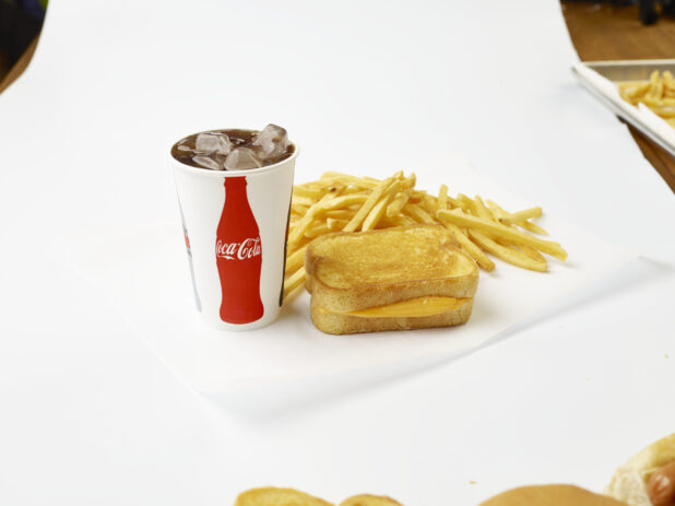Grilled Cheese Sandwich Combo with French Fries and a Fountain Soda in a Paper Cup with Ice Cubes, on a White Background for Isolation - Variation