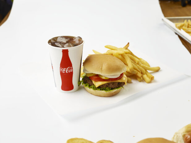 Cheeseburger Combo with Fresh Toppings, French Fries and a Fountain Soda in a Paper Cup with Ice Cubes, on a White Background for Isolation - Variation