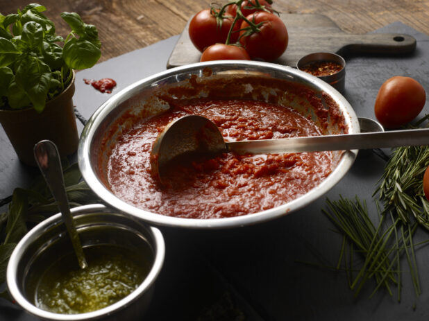 Crushed fresh tomatoes in a silver bowl with fresh tomatoes and fresh herbs on a slate background