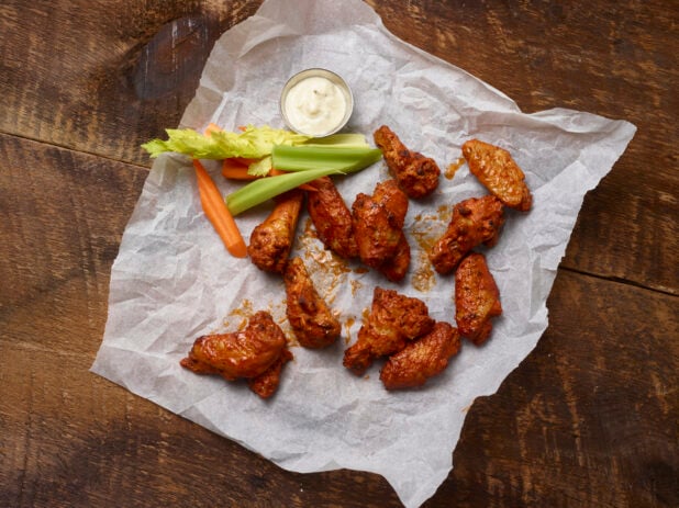 Buffalo chicken wings with carrots and celery sticks with blue cheese dip in a ramekin on parchment paper on a rustic wooden background