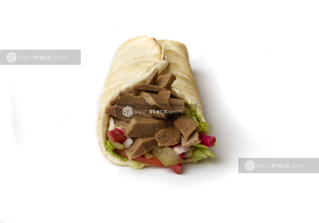 Gyro Pita Wrap with Fresh Vegetable Toppings, Shot on White for Isolation