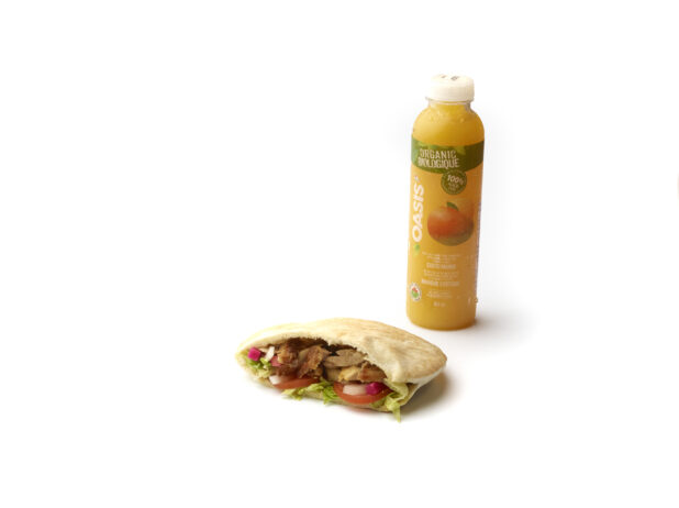 Combo Meal with a Bottle of Orange Juice and a Chicken Shawarma Pita Pocket Kids Meal, on a White Background for Isolation