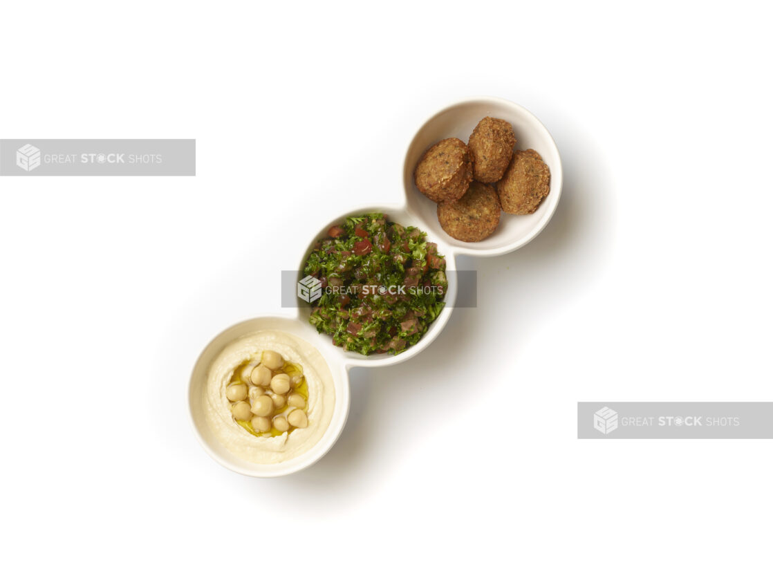 Overhead View of a Trio Plate of Side Dishes: Falafel Balls, Tabbouleh and Hummus, on a White Background for Isolation