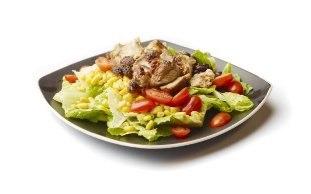 Chicken Shawarma Salad with Corn and Black Beans on a Square Black Ceramic Dish, on a White Background for Isolation