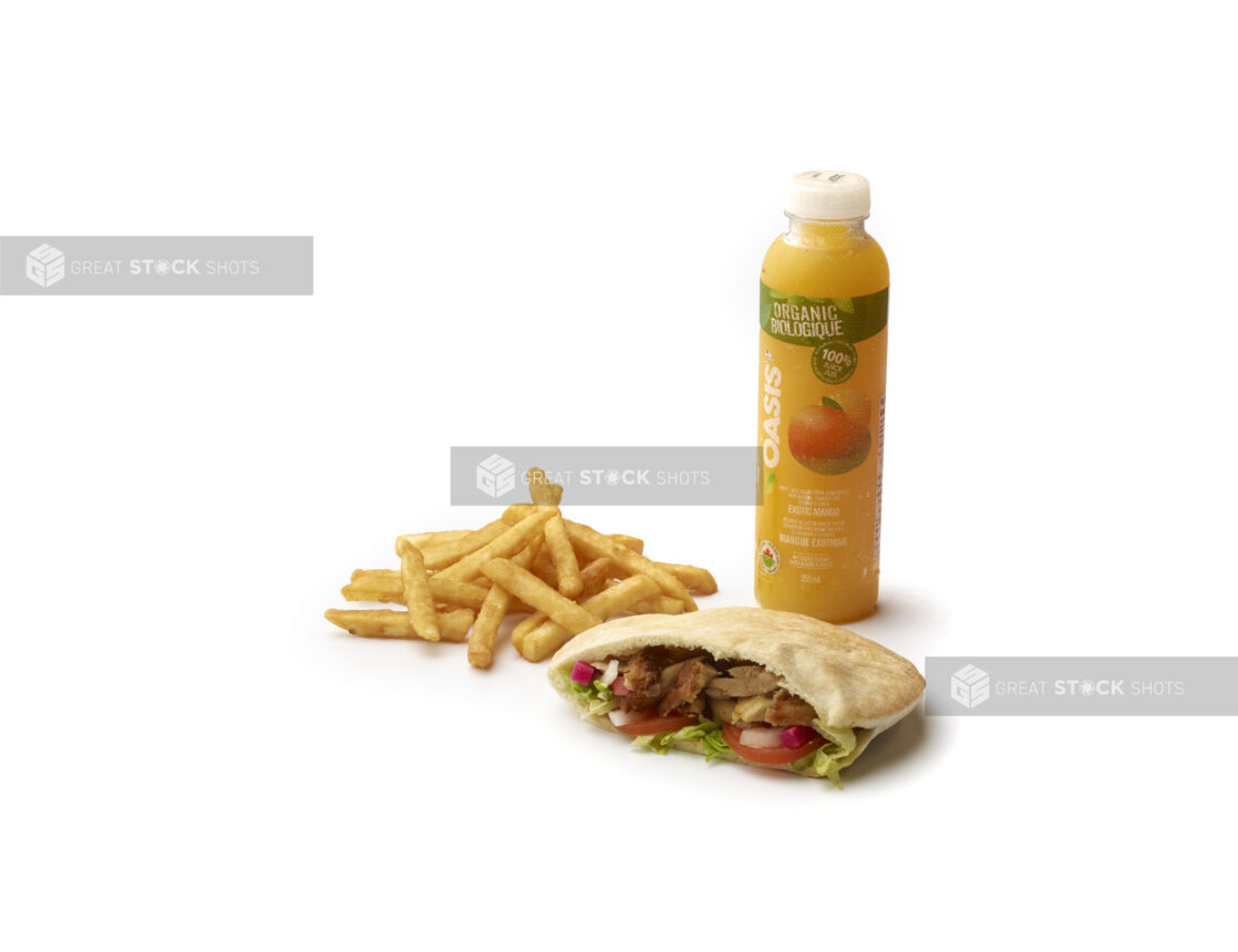 Combo Meal with French Fries, a Bottle of Orange Juice and a Chicken Shawarma Pita Pocket Kids Meal, on a White Background for Isolation