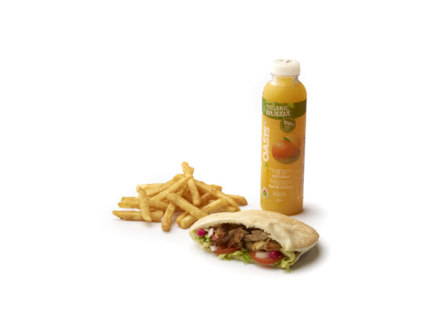 Combo Meal with French Fries, a Bottle of Orange Juice and a Chicken Shawarma Pita Pocket Kids Meal, on a White Background for Isolation