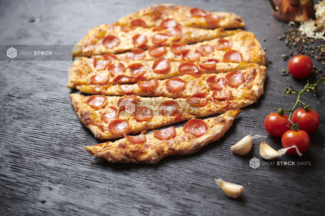 Close Up of a Sliced Whole Pepperoni Pizza Surrounded by Fresh Ingredients on a Black Painted Wood Surface