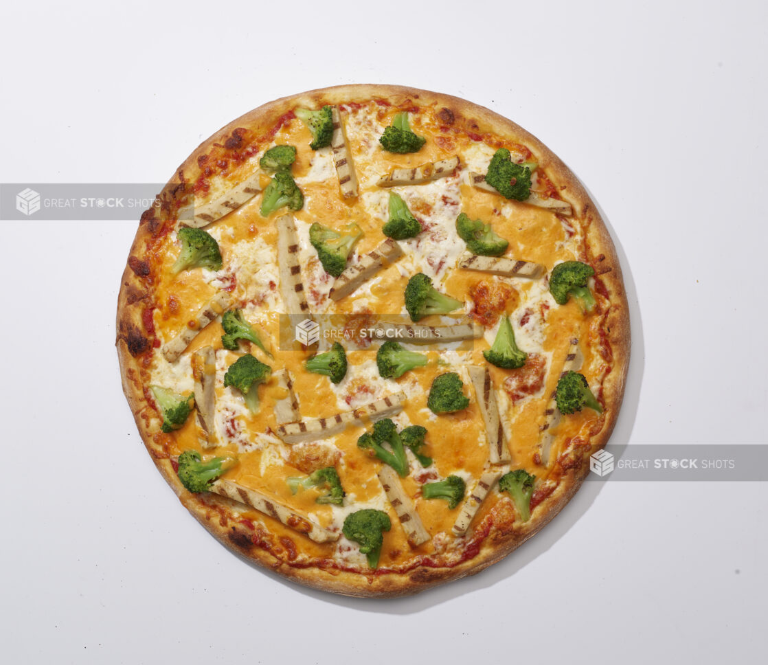 Overhead View of a Whole Cheddar Broccoli Chicken Pizza, on a White Background for Isolation