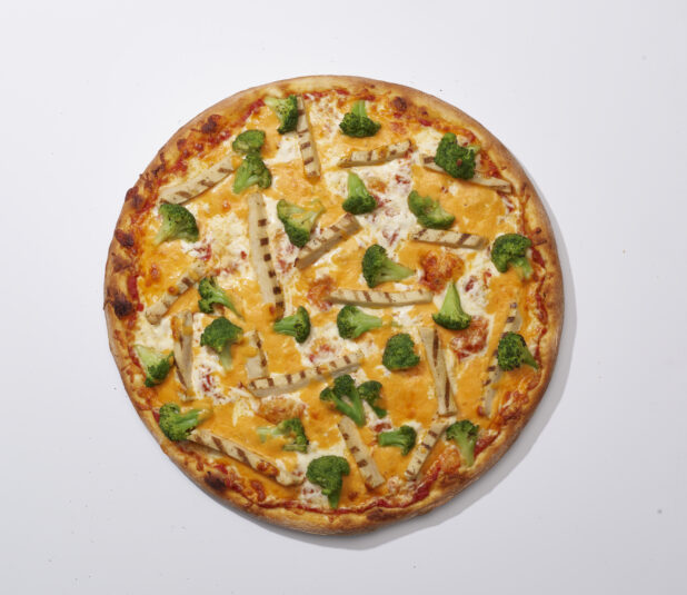Overhead View of a Whole Cheddar Broccoli Chicken Pizza, on a White Background for Isolation