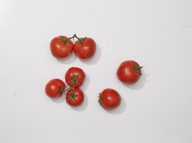Overhead View of a Cluster of Whole Tomatoes on the Vine, on a White Background for Isolation