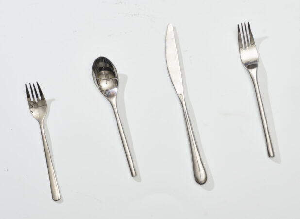 Overhead View of Stainless Steel Cutlery: Butter Knife, Forks and Spoon, on a White Background for Isolation