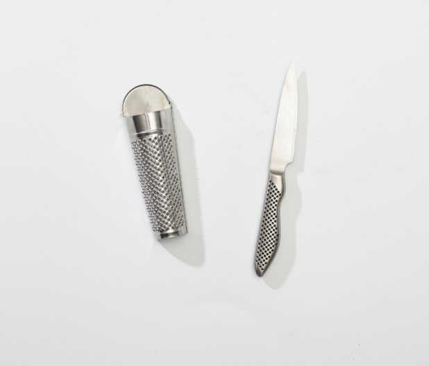 Overhead View of Stainless Steel Nutmeg Grater and Paring Knife, on a White Background for Isolation