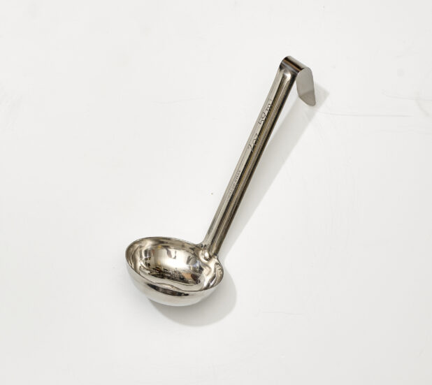 Overhead View of a Stainless Steel Soup Ladle, on a White Background for Isolation - Variation 3