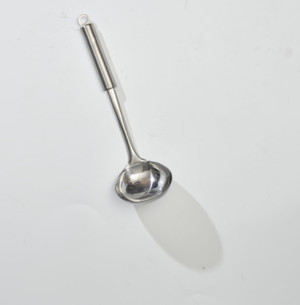 Overhead View of a Stainless Steel Soup Ladle, on a White Background for Isolation