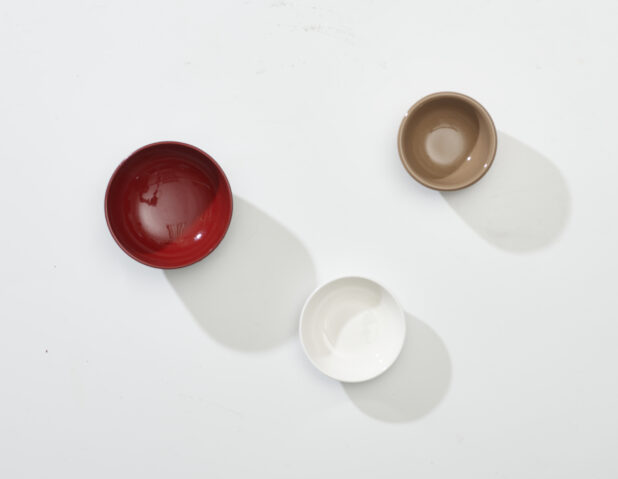 Overhead View of Red, White and Brown Round Ceramic Dishes, on a White Background for Isolation