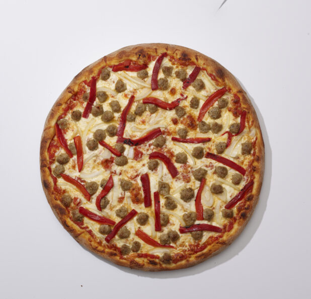 Overhead View of a Whole Pizza with Roasted Red Pepper, White Onion and Italian Sausage Bits, on a White Background for Isolation