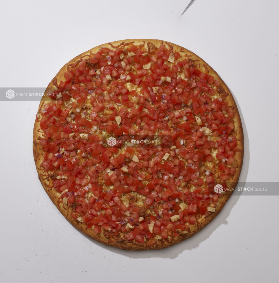 Overhead View of a Whole Bruschetta Pizza with Herbed Olive Oil and Garlic, on a White Background for Isolation