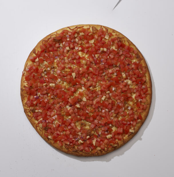 Overhead View of a Whole Bruschetta Pizza with Herbed Olive Oil and Garlic, on a White Background for Isolation
