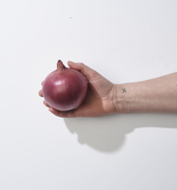 A person holding a whole red onion on a white background