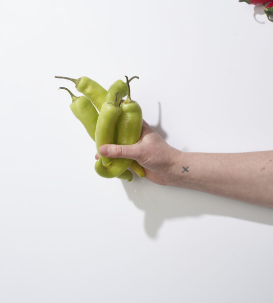 Hand holding banana peppers on a white background
