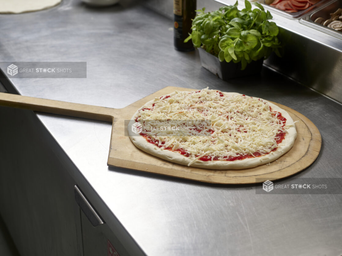 An uncooked small cheese pizza on a pizza peel in a commercial kitchen