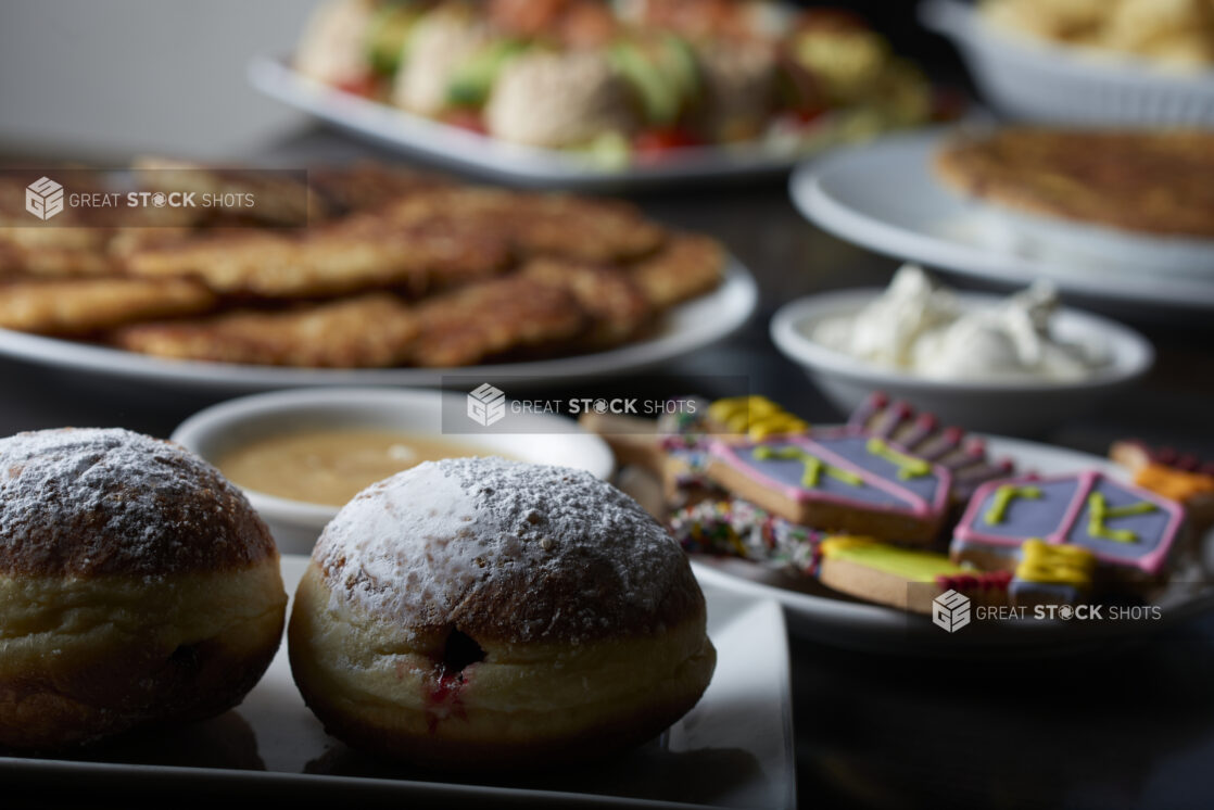 A buffet of food and sweets for Hanukkah