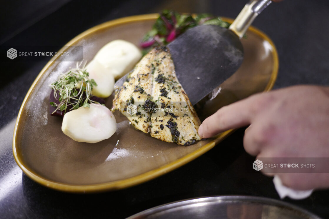 Pan seared fish on a brown ceramic plate with potatoes and micro greens garnish, hands plating the fish